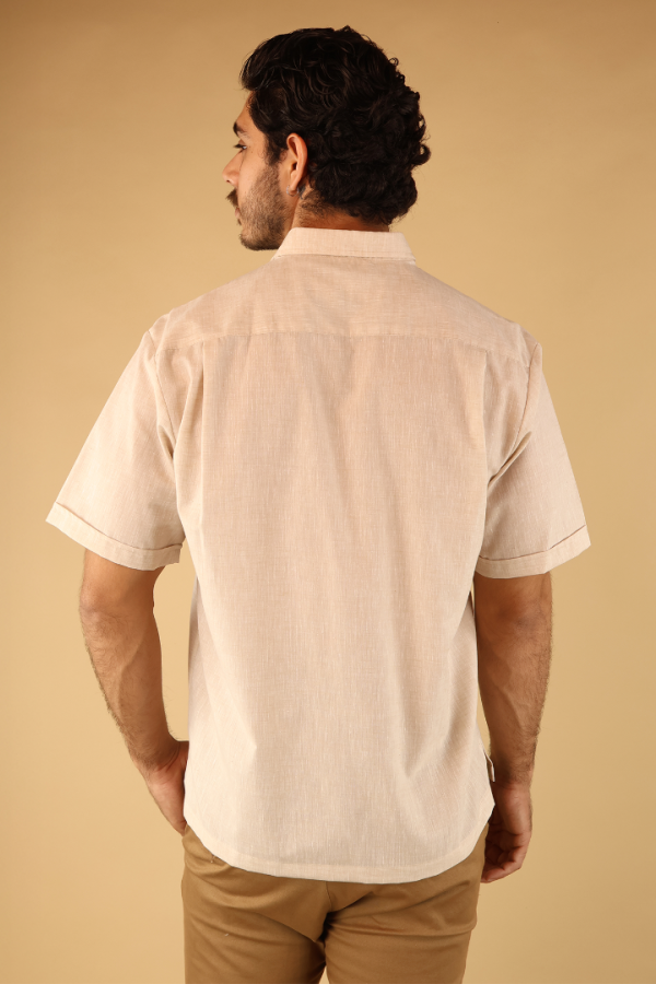 Camisa Tipo Guayabera Hombre Manga Corta Caqui Con Alforzas al Frente